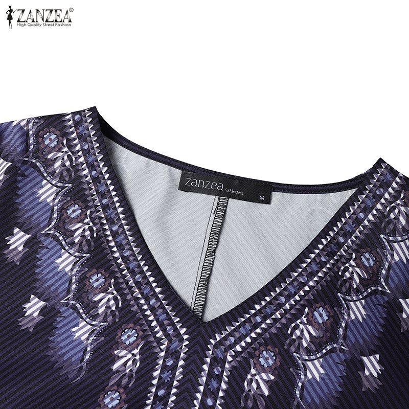 ZANZEA Women Ethnic Print Casual V-Neck 3/4 Sleeve Loose Dress