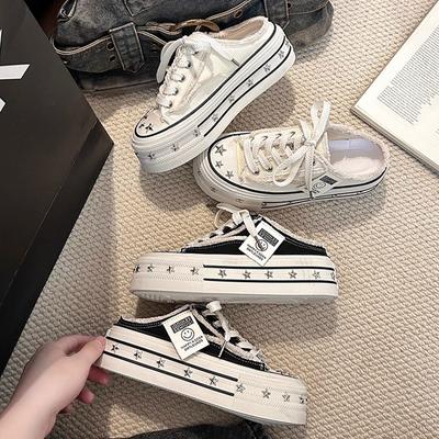 Baotou Slippers 2025 Summer New Lace-up Canvas Shoes Without Heel Versatile Lazy Girl Half Drag Thick Bottom Tide