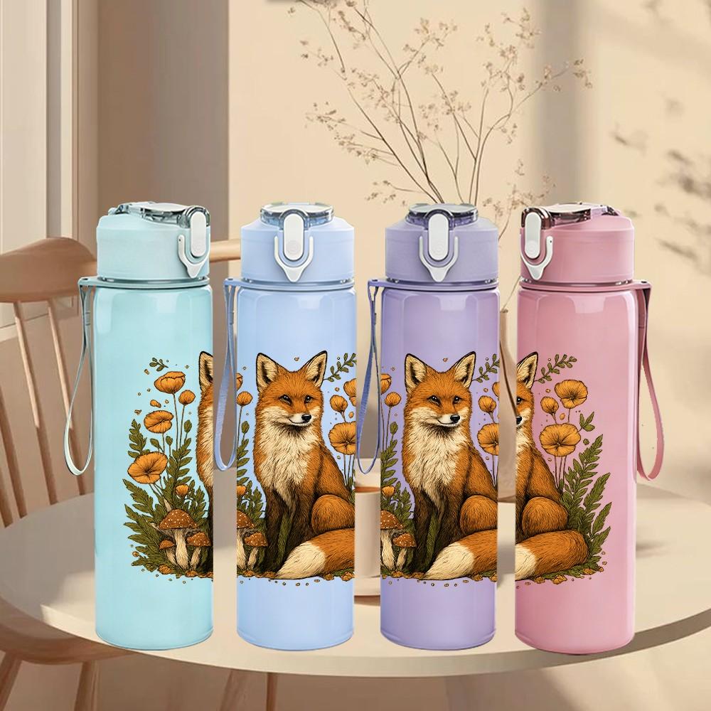 1PC Fox Floral Autumn Scene Print 750ml Color Plastic Sports Water Bottle Leakproof Flip Straw Lid Suitable for Sports Office Home Use