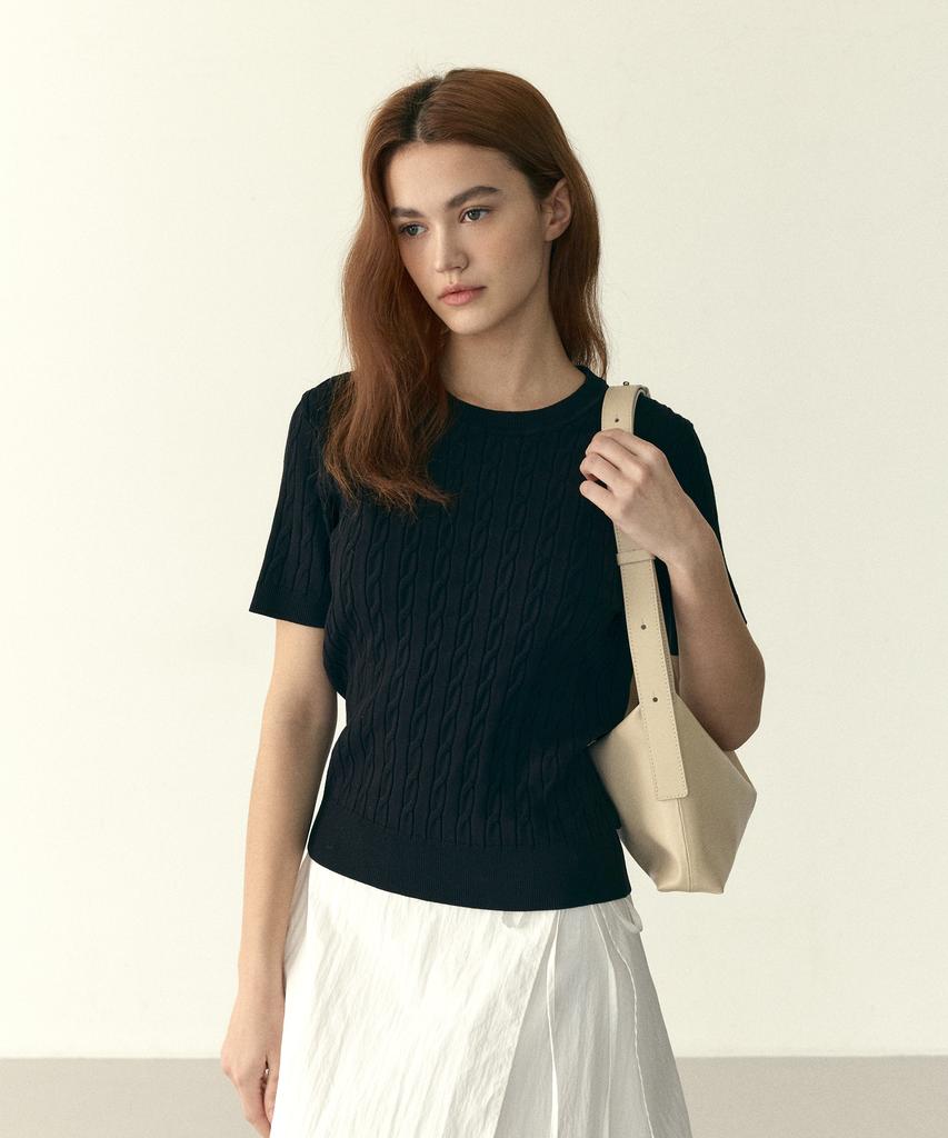 210EDIT Women'S Cool Cable Round Neck Short Sleeve Knit - 4 Colors [Zg2Sw070]