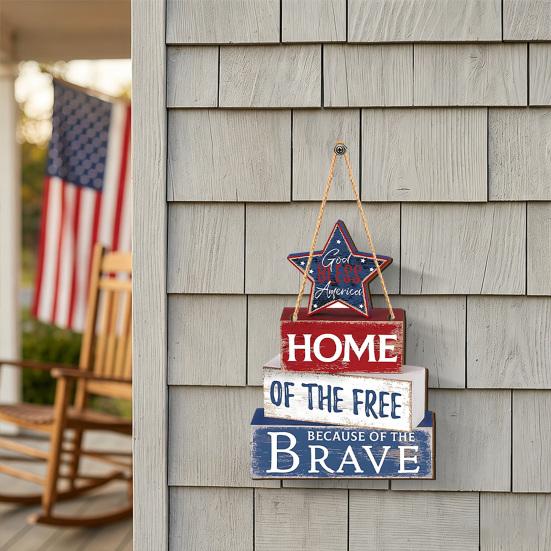 Wooden Independence Day Sign Hanging Decor, Vintage American Flag Patriotic Wall Plaque with God Bless America for 4th of July Party, Farmhouse
