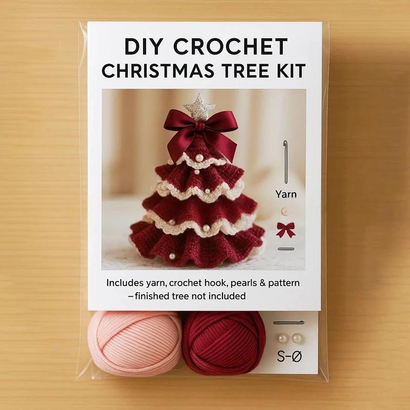 DIY-Häkel-Weihnachtsbaum-Set mit Schleife und Kunstperlen-Dekoration, Bastelstarter-Set, handgefertigter Häkel-Weihnachtsbaum, Heimdekoration
