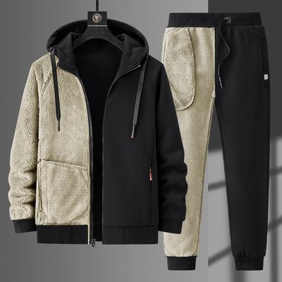 Two Sets of Large Size Winter Padded and Thickened Lambswool Cardigan Hooded Sweatshirt Sports Suit Men's Padded Trousers Men's Long-sleeved Trousers