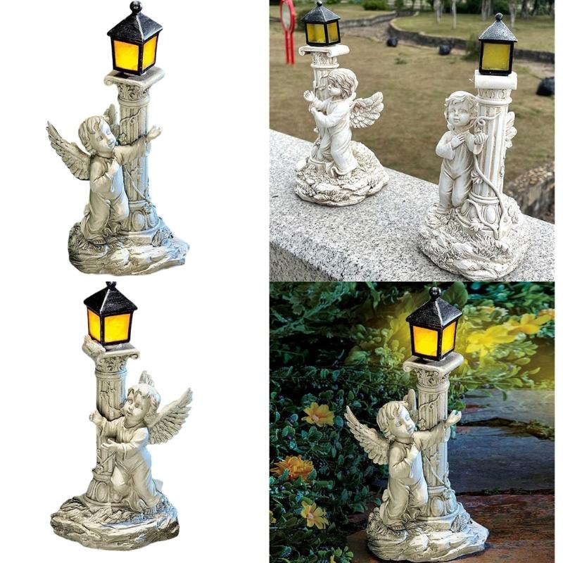 Roman Colum Child Sculpture Lamp Outdoor Garden Resin Statue for Yard Decors