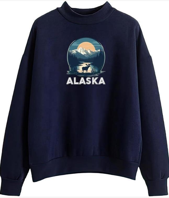2024 ALASA Cotton Crew Neck Sweatshirt - European & American Popular Print, Casual & Versatile Loose Fit Top