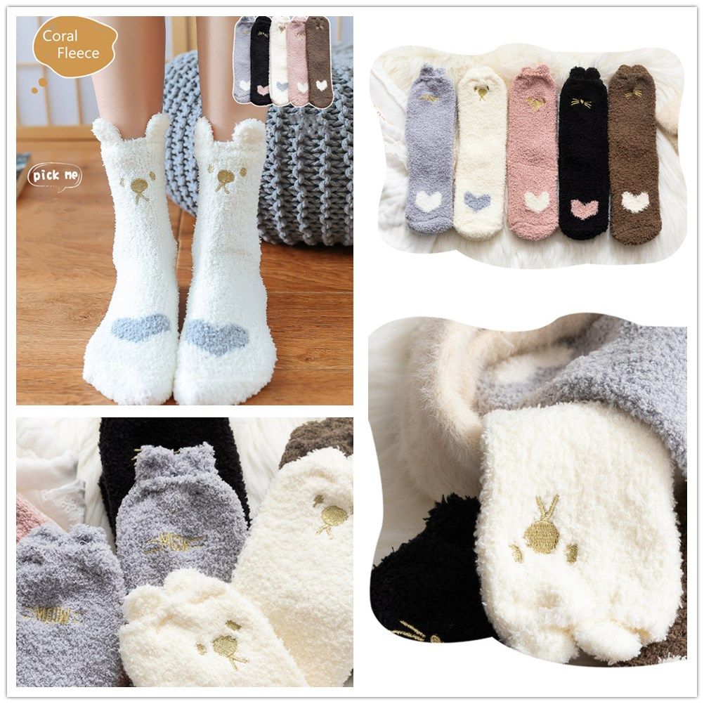 1 Pair Soft Lovely Stockings Sleeping Socks Plush Coral Socks Warm Autumn Winter