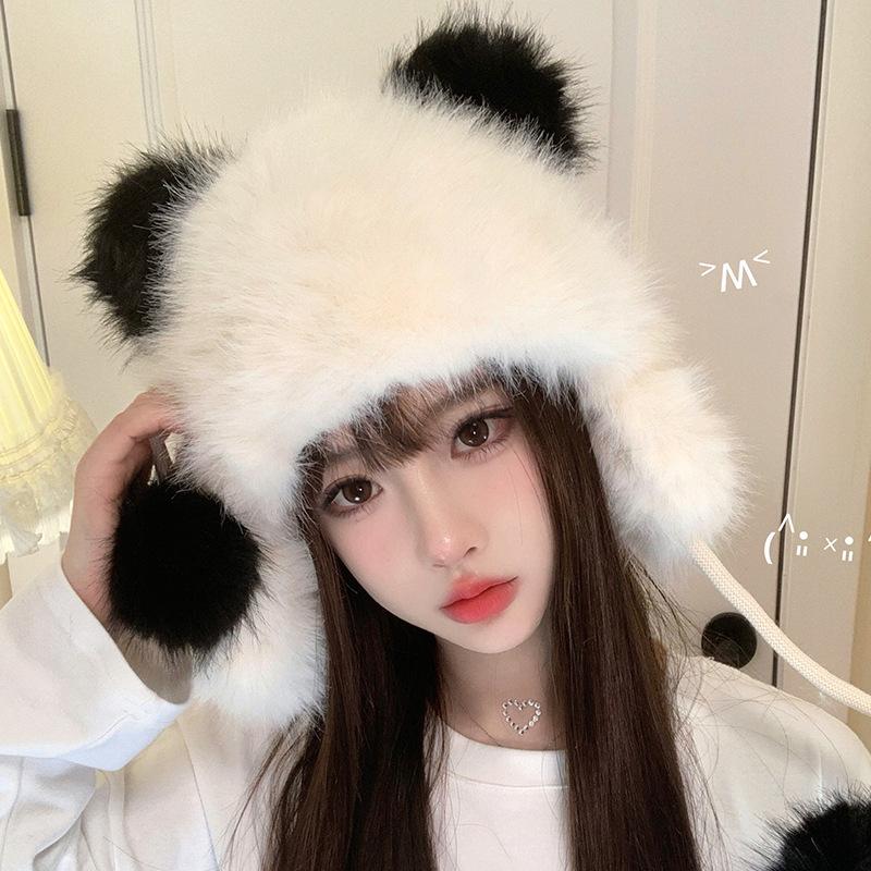 Cute Bear Ears Plush Hat Women'S Winter Warm Versatile Pullover Hat Fleece Windproof Ear Protection Lei Feng Hat