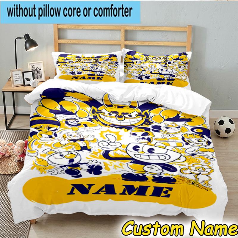 3PCS Custom Name Cup-head Bedding Set, Bedding Set Including 1pc Duvet Cover And 2pcs Pillowcases for Bedroom,Dormitory Gift
