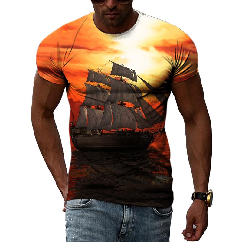 Sommer Segelboot Auf Meer Grafik T Shirts Männer Mode Lässig Persönlichkeit 3D Gedruckt Rundhals Kurzarm Streetwear T-shirts Tops