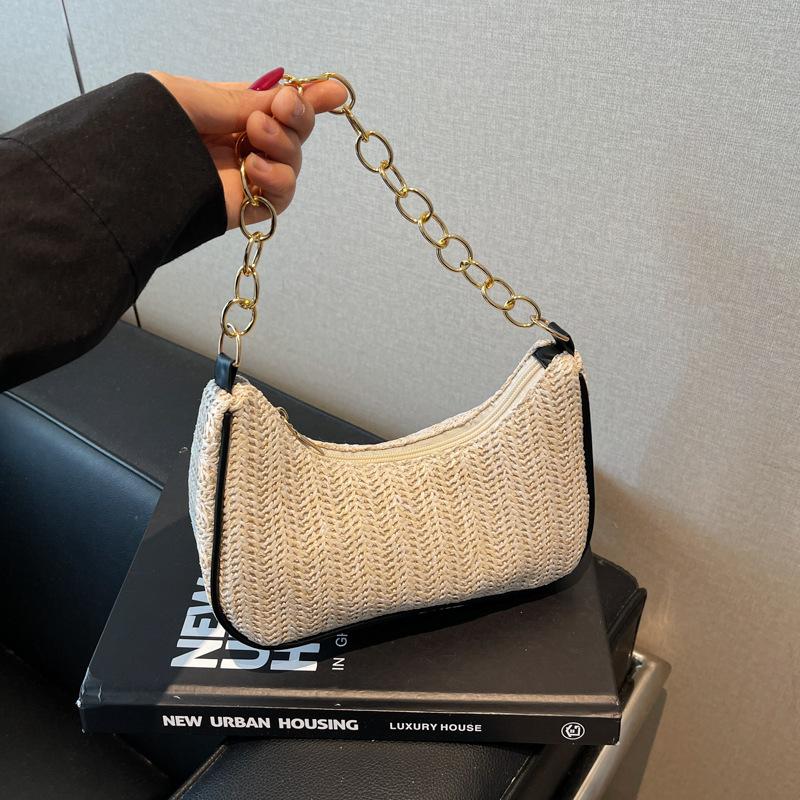 Summer New Versatile Fashion Grass Woven Retro Baguette Armpit Bag Simple Literary One Shoulder Portable Messenger Bag Women