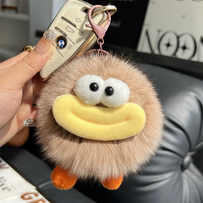 [Cute Big Mouth] Fox Hair Small Coal Ball Keychain Pendant, Pom-pom Doll, Doll Back Bag Pendant