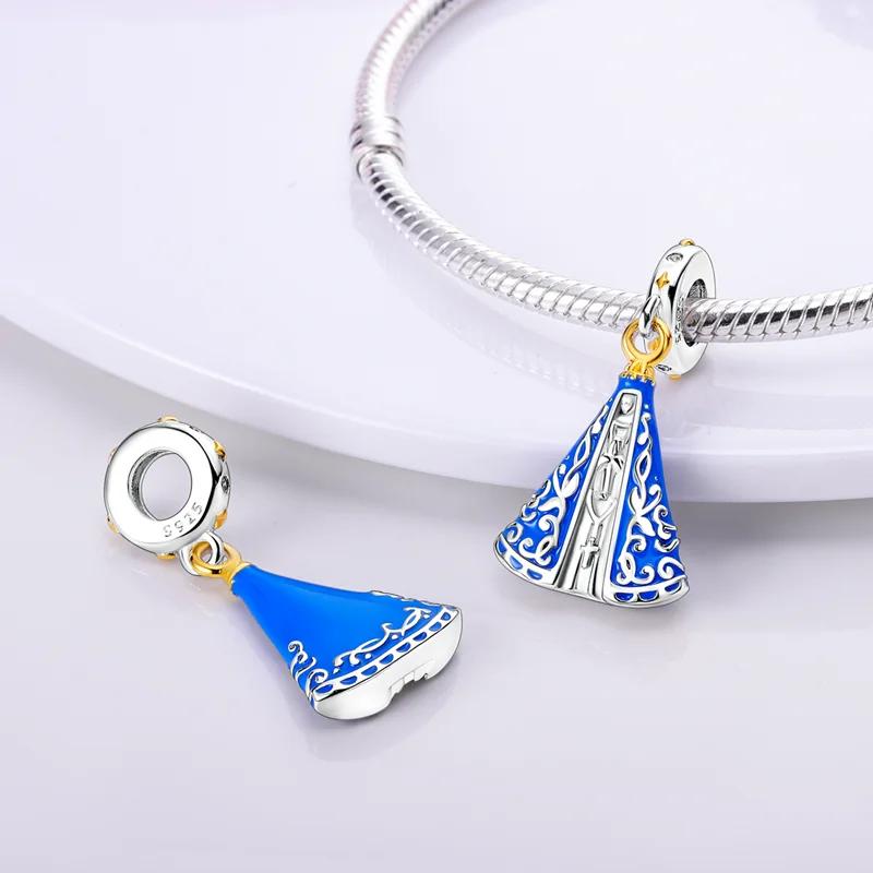Original Charms Copper Plated Elegant Blue Rattan Virgin Mary Pendants Fit Bracelets For Women Jewelry Making Gifts
