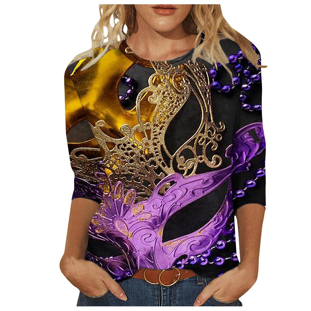Long Sleeved Glamorous Mask Patterned Top Carnival Themed Printed Women's T-shirts