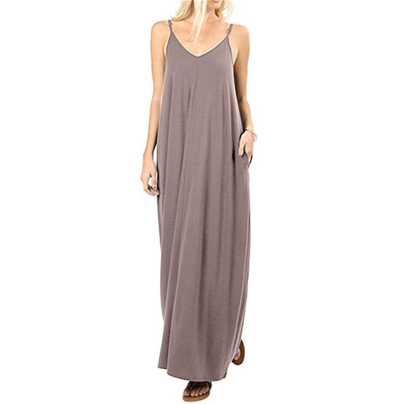 European and American Women's Clothing Solid Color Loose Pocket Long Dress, Vest Dress, Sexy Suspender Skirt