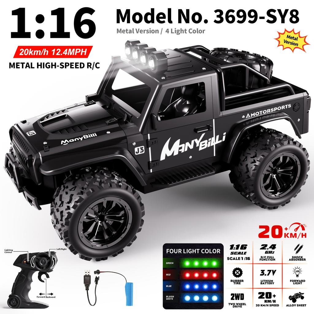 1:16 Scale Metal Remote Control Cars 2WD High-Speed RC Vehicle 20Km/H 2.4Ghz With Light RC Car For Kids Boys Gifts