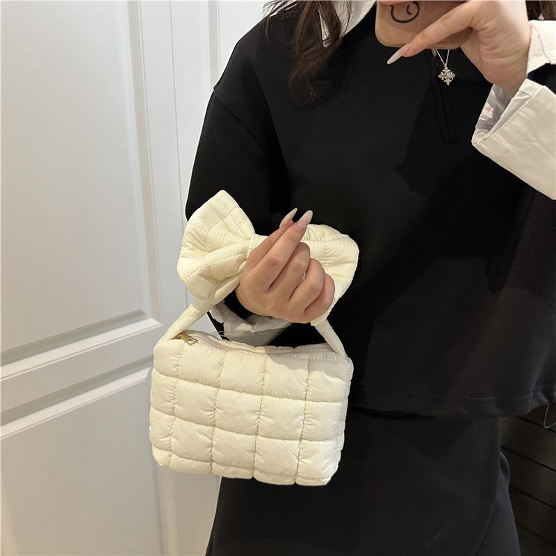 Solid Color Simple Women Bow Top-handle Bags Autumn Versatile Korean Style Ladies Clutch Quilted Cott Design Female Phe Bag