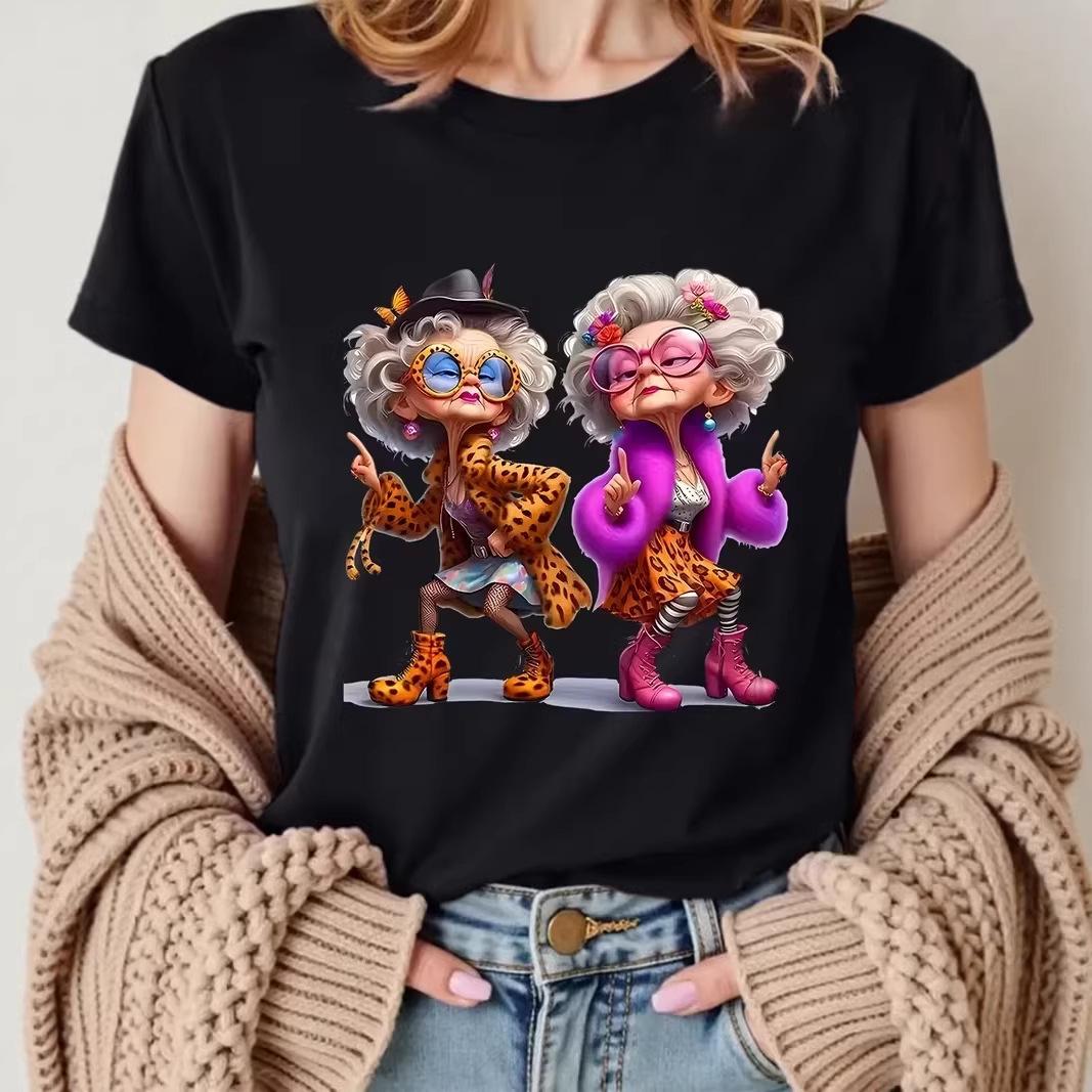 Polyester 100% Cool Trendy Grandma Graphic T-shirt Women Streetwear Funny Old Lady Print Casual Basic Fashion Tops S