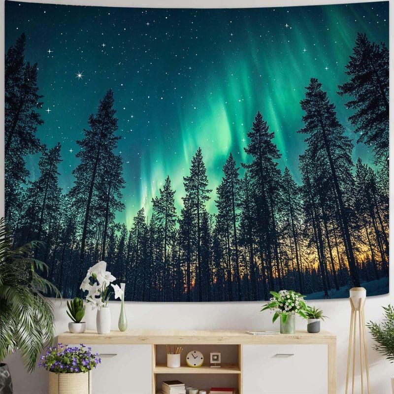 Misty Sunbeam Forest Tapestry Nature Green Tree Landscape Polyester Wall Hanging Aesthetic Bedroom Dorm Living Room Home Decor