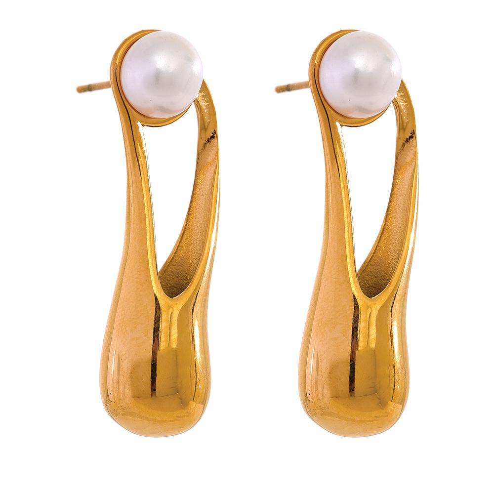 

Yhpup Natural Pearl Stainless Steel Cast Geometric Elegant Long Stud Earrings Fashion Metal Golden Jewelry Prevent Allergy Gift
