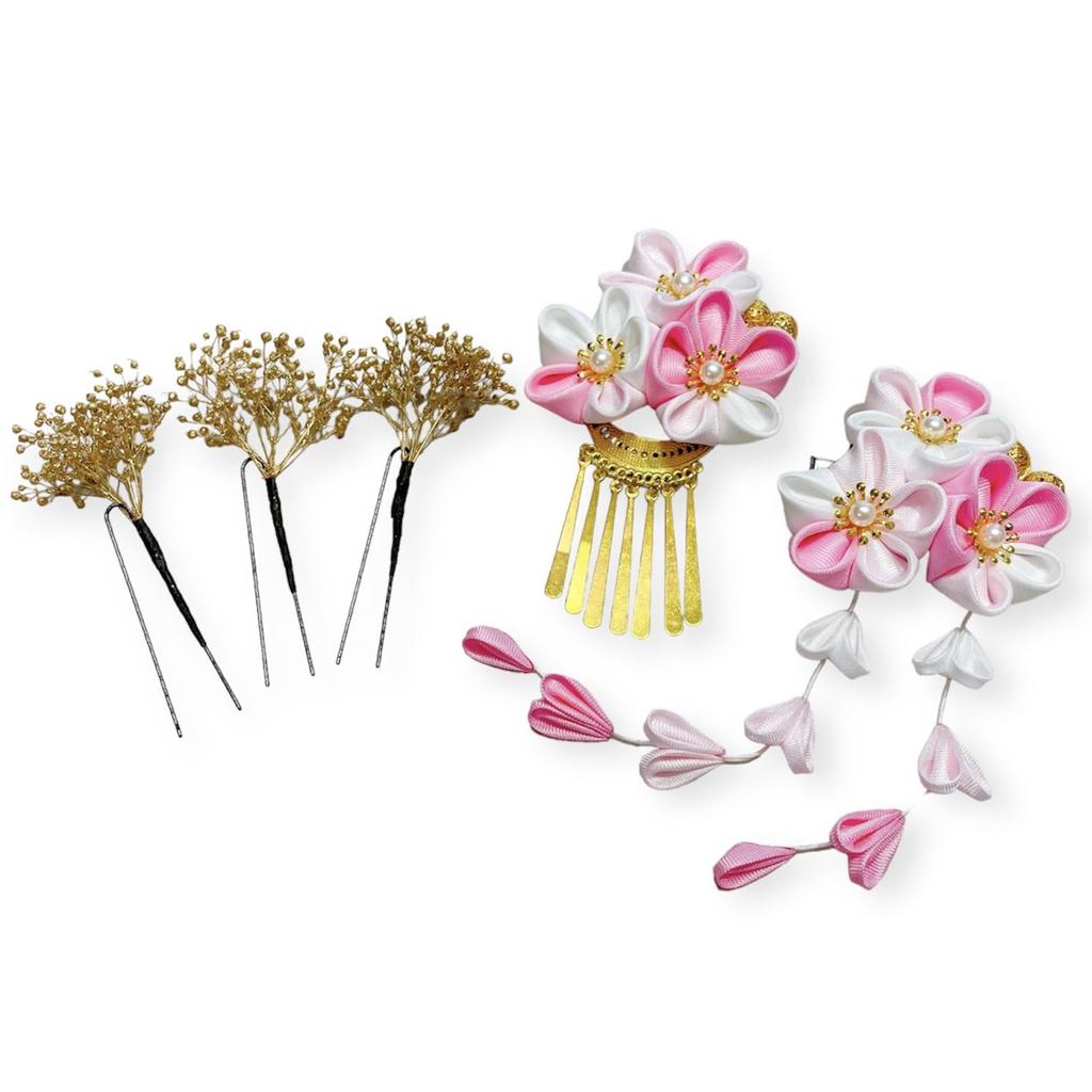 Pink and White Hair Ornament with Gold Perfect for Japanese and Dried Flower Tsumami-Zaiku Baby's Breath, Graduation, Clothing, Shichi-Go-San,