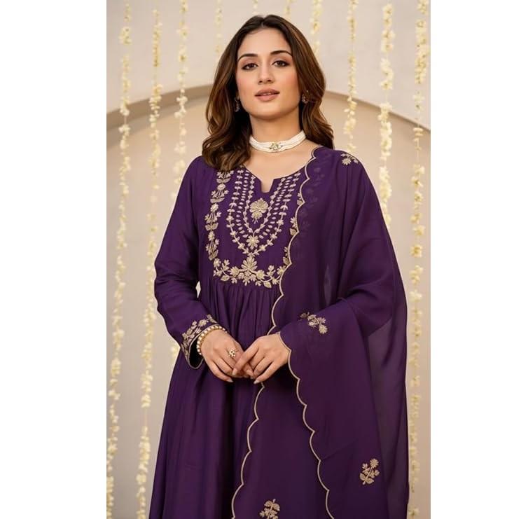 Women Embroidery Solid A-Line Kurta and Pant Set with Dupatta Set