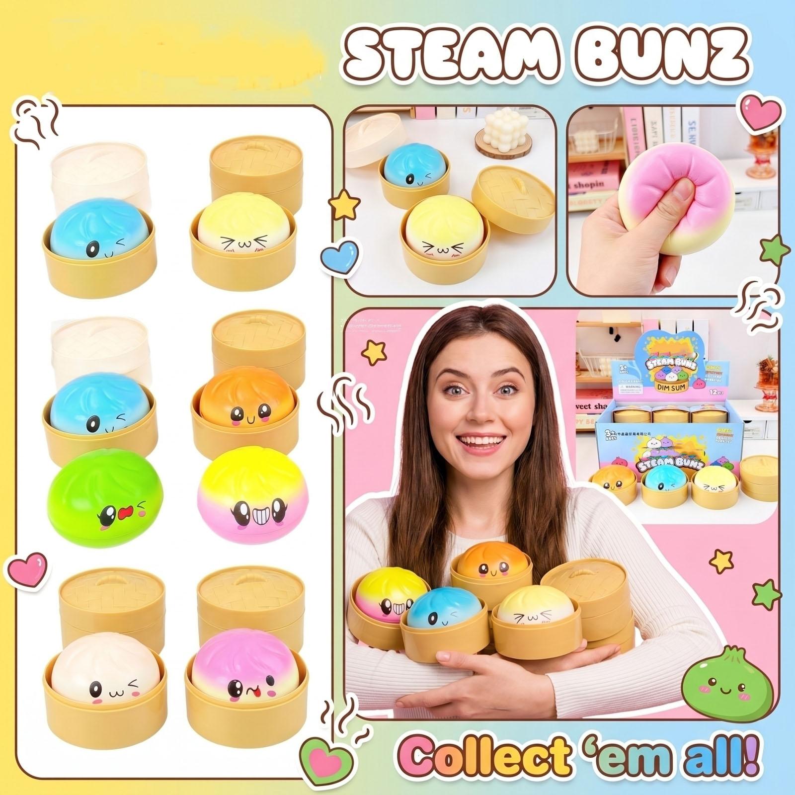 

Squishy Bun Toy Set with Steamer Box Soft Slow Rising Stress Relief Squeeze Toys for Kids and Adults Pack of 6 One Size