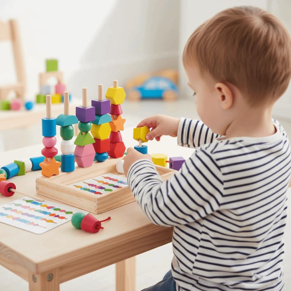 Geometric Color Shape Cognition Toys Interactive Wooden Beads Sequencing Toy Parent Child
