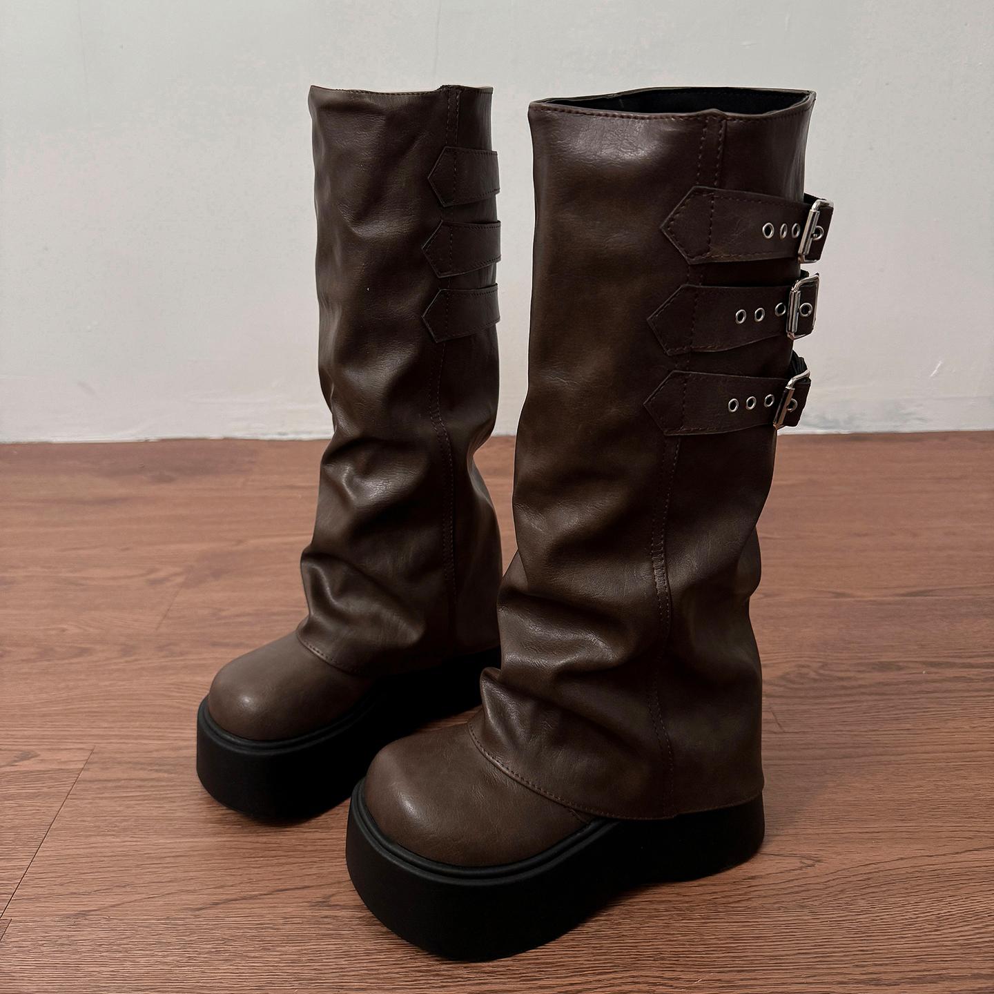 

Модные зимние панк-стиль плиссированные вставки женские ботфорты до колена модная платформа толстые каблуки длинные ботильоны Zapatos De Mujer 35 коричневый