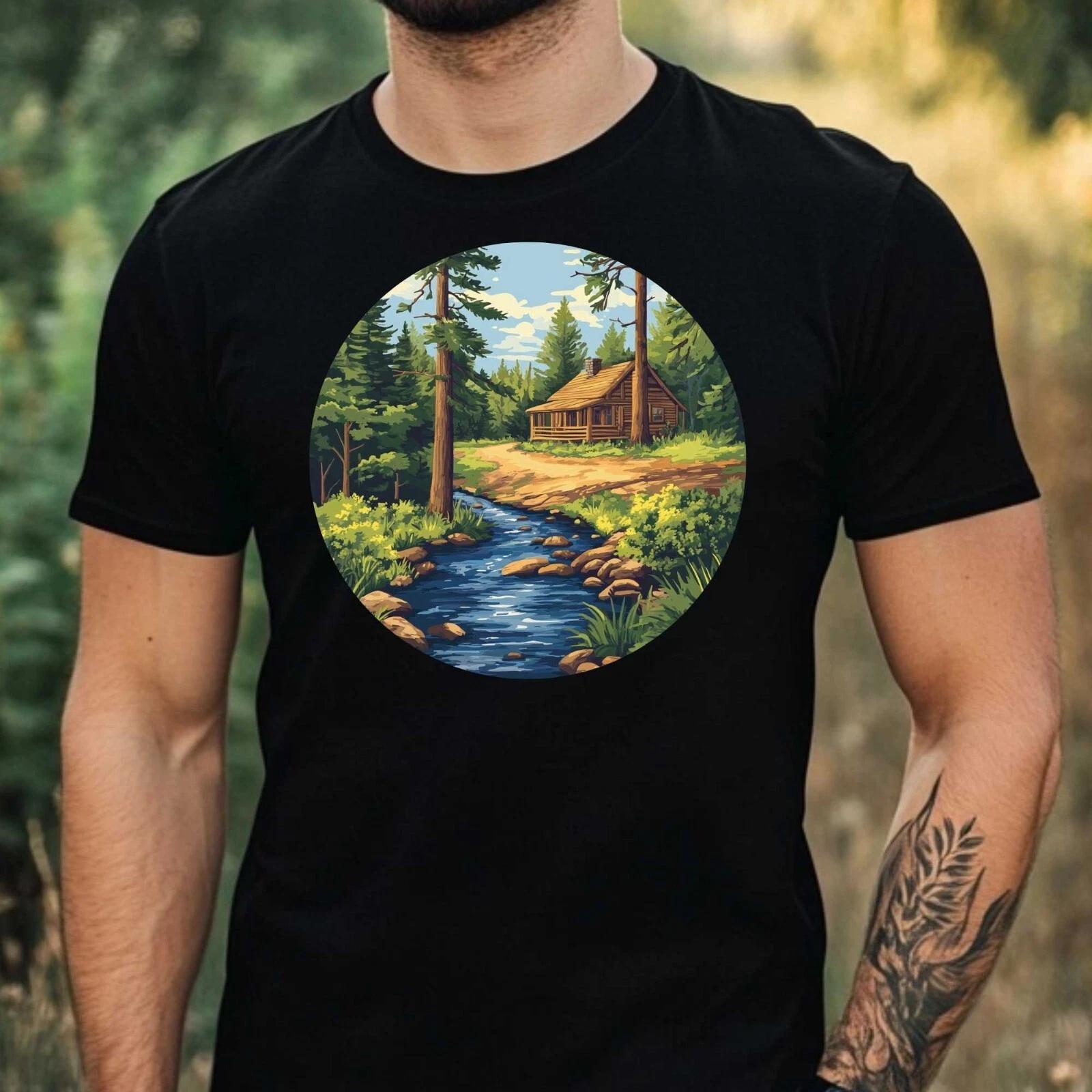 T-Shirt Herren Wald Hütte Motiv Baumwolle Größe XS bis 5XL L