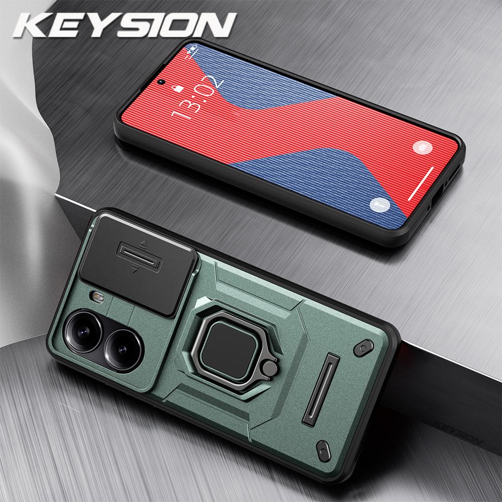 KEYSION Shockproof Armor Case for Xiaomi POCO X7 Pro Slide Camera Lens Protection Ring Stand Phone Back Cover for Redmi Turbo 4