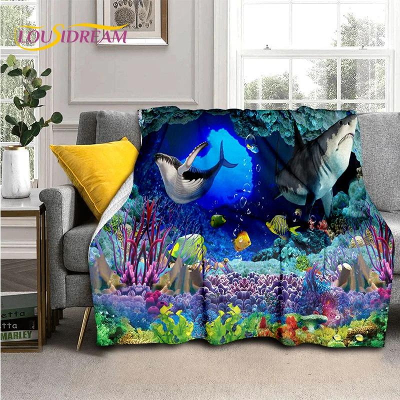 Underwater World 3D Illusion Seabed Cartoon Shark Dolphin Blanket,Soft Throw Blanket for Home Bedroom Bed Sofa Travel Cover Kids