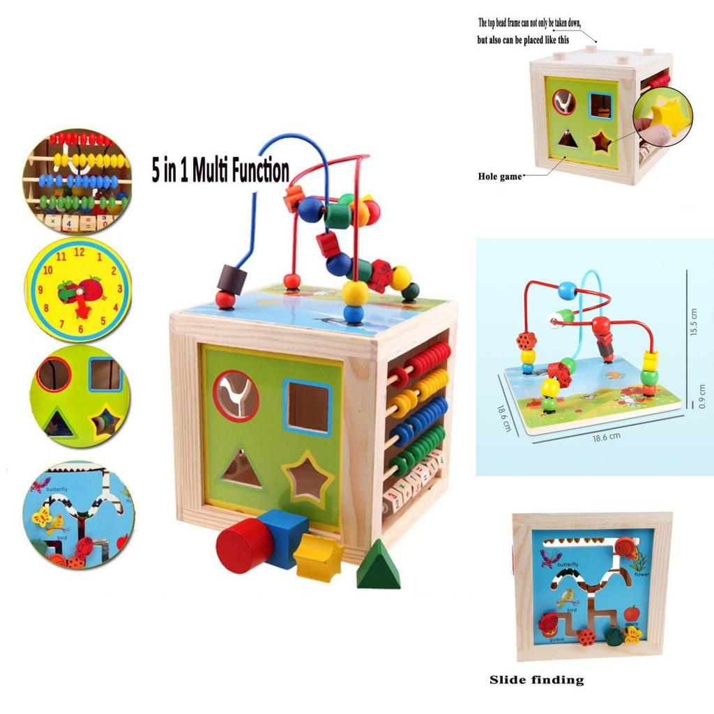 Premium 5 In 1 Wooden Multi-activity Cube Educational Toy For Kids And Babies