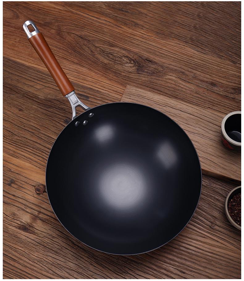 Old-Fashioned Non-Coated Cast Iron Wok, Round Bottom, Non-Slip, Non-Stick, Gas Stove Compatible, Nitrided Fine Iron.