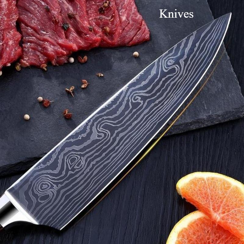 8 "Chef's Knife Stainless Steel Knife Imitation Damascus Large Wave Color Wood Handle Slice Knife Kitchen Knife