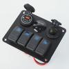 Four-Position Boat Panel with Voltmeter, USB Charger, Cigarette Lighter, LED Display, and Rocker Switch.