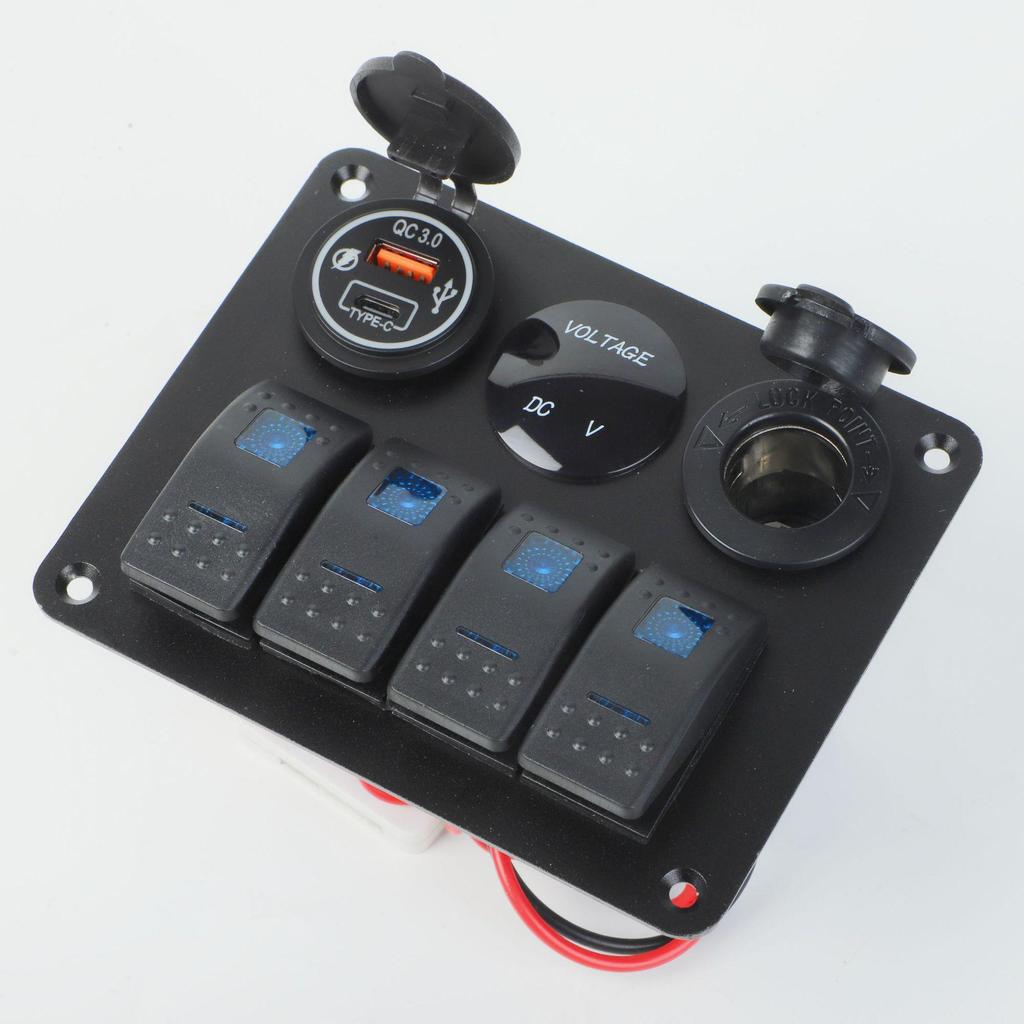 Four-Position Boat Panel with Voltmeter, USB Charger, Cigarette Lighter, LED Display, and Rocker Switch.