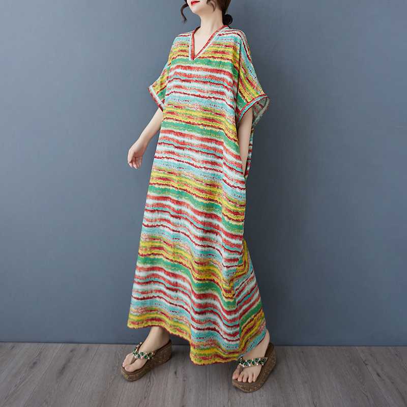 Ladies' V-neck Vintage Long Skirt Cotton Linen Dress