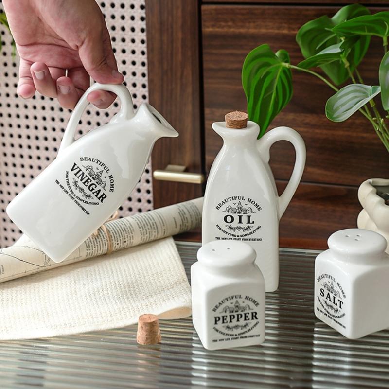 4pcs Ceramic Dispenser Set Including Oil Bottle Vinegar Bottle Salts Pepper Shaker Practical for Home Cooking
