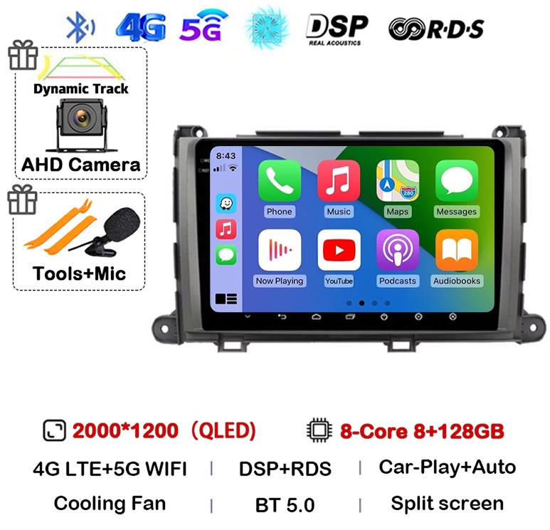 Android 14 Car Radio For Toyota Sienna XL30 2009 2010 - 2014 Multimedia Video Player Navigation Stereo GPS Auto Carplay 8G+128GB