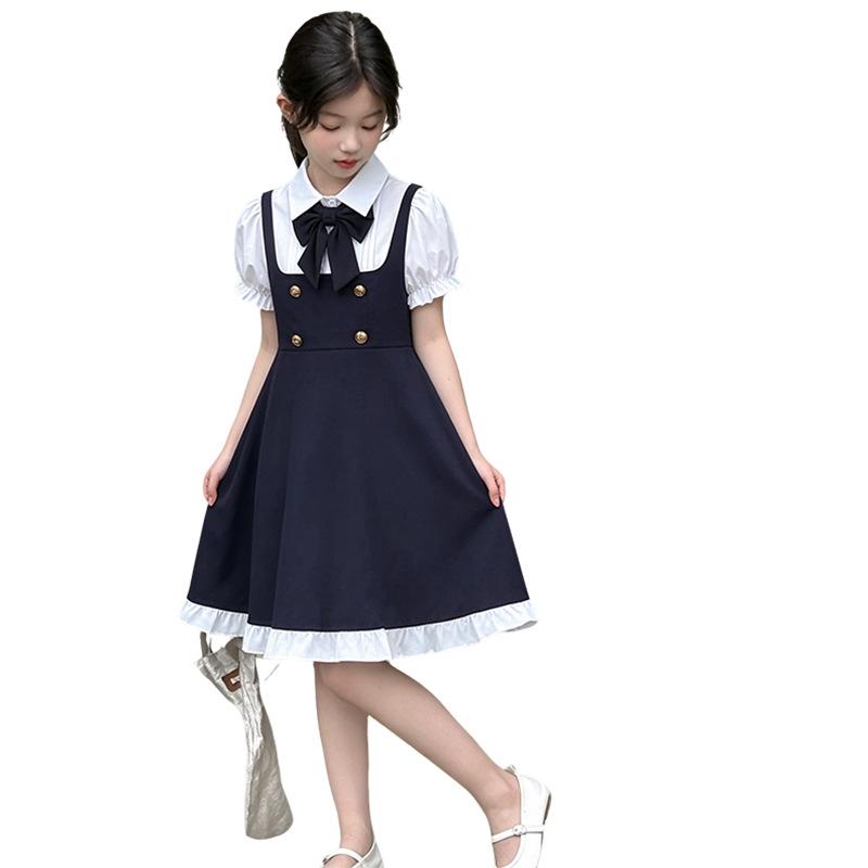 Elegante Vestito Estivo da Bambina con Fiocco e Gonna a Camicia a Maniche Corte