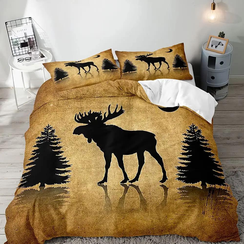 Farmhouse Duvet Cover SetBlack Bear Deer Elk Moose Forest Animal Wildlife Lodge Rustic Bedding Set KingSage Green Brown Plaid