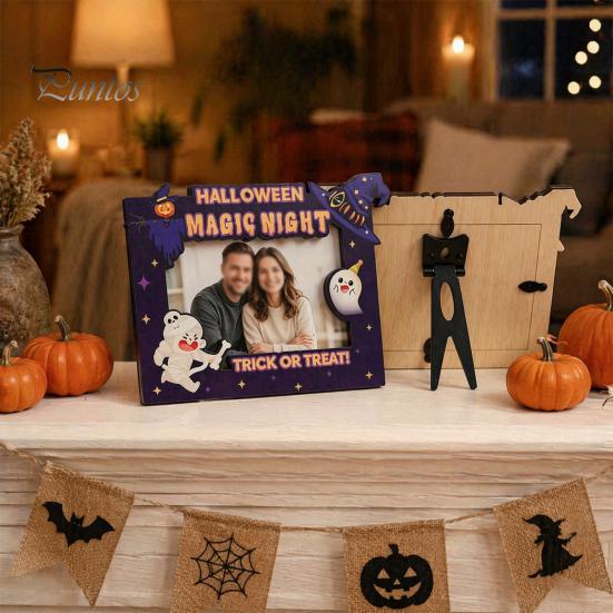 Holiday Table Decorations Halloween Wooden Photo Frame, Double Layer Wood Tabletop Picture Holder, Decorative Desktop Frames Creative Display