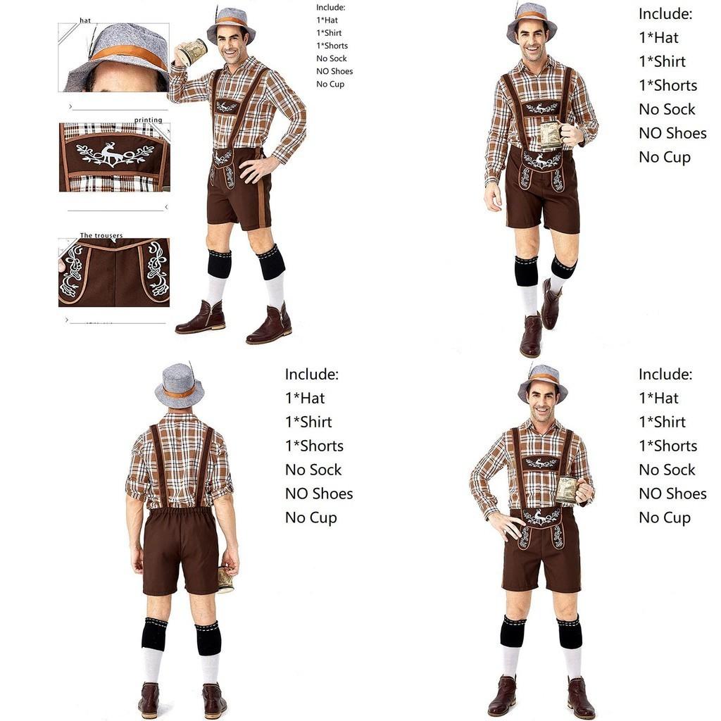 Stylish German Oktoberfest Clothing Men Fawn Print Khaki Plaid Costume Set