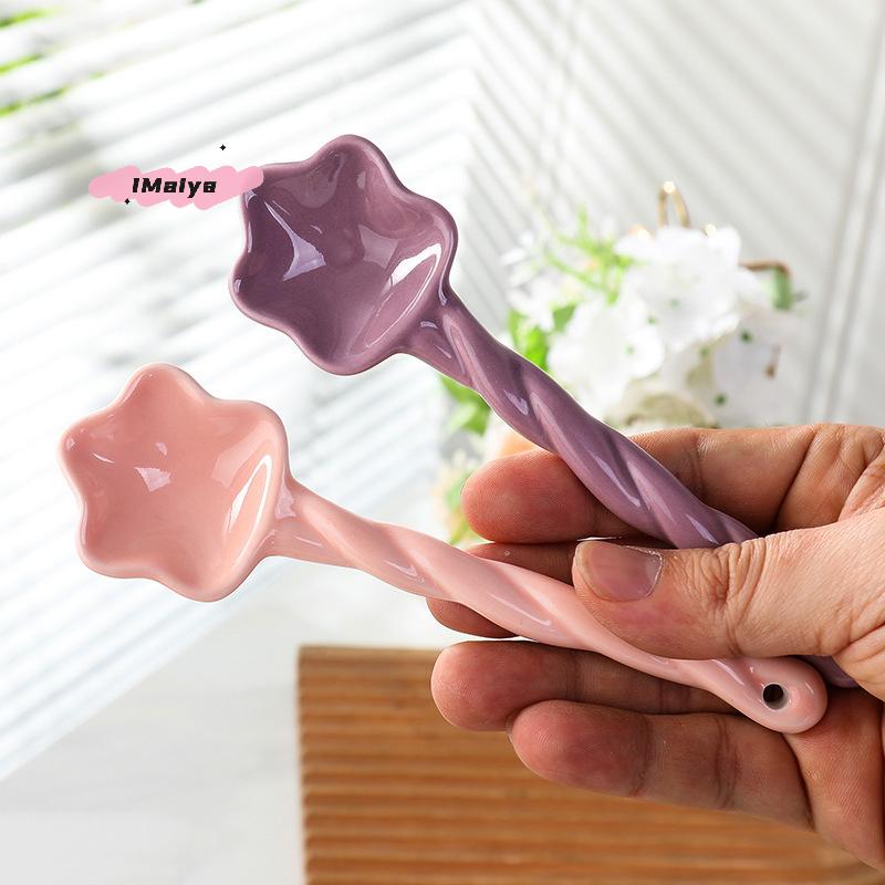 1Pc Ceramic Star Shaped Spoon Cute Twisted Long Handled Coffee Stirring Spoon with Cream Design for Kitchen