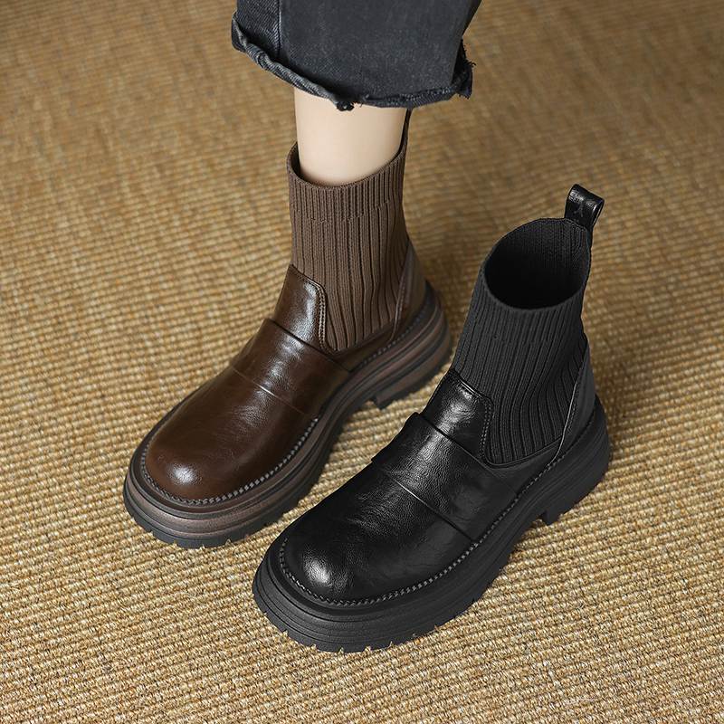 Krazing Pot Microfiber Autumn Winter Shoes Thick High Heels Flat Platform Size 43 Motorcycle Boots Knitwear Ankle Boots