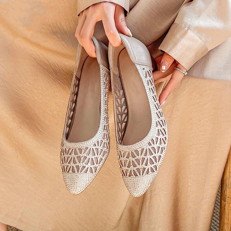 Spliced Mesh Breathable Rhinestone Heels Autumn New Round Toe Shallow Mouth Cover Foot Non-Slip Wear-Resistant Single Shoes