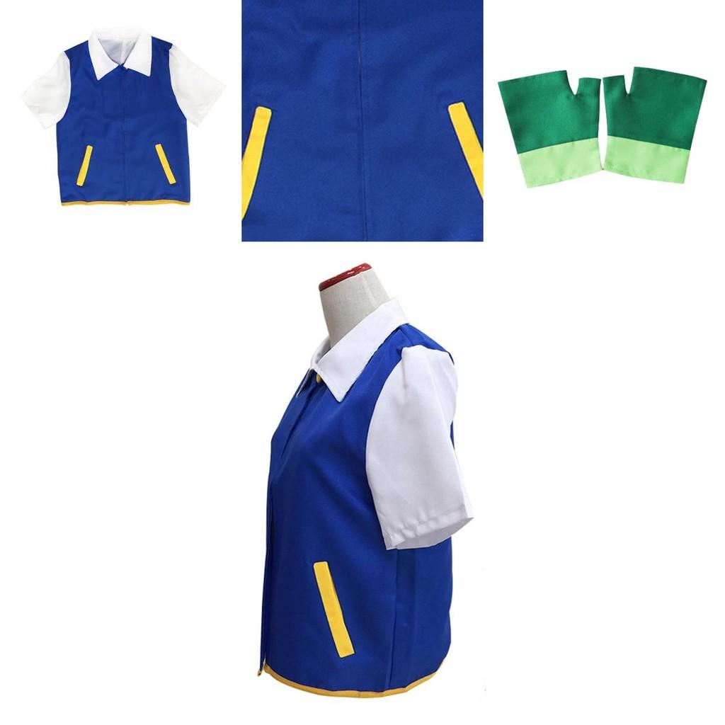 Pokemon Ash Ketchum Cosplay Costume Full Set Adults Jacket Gloves Hat Halloween High Quality Elastic Soft Polyester Material