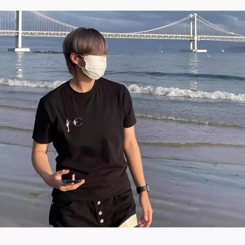 Unisex Oversized Cotton Tee With Embroidered Classic Black White Short Sleeve T-Shirt Youth Streetwear