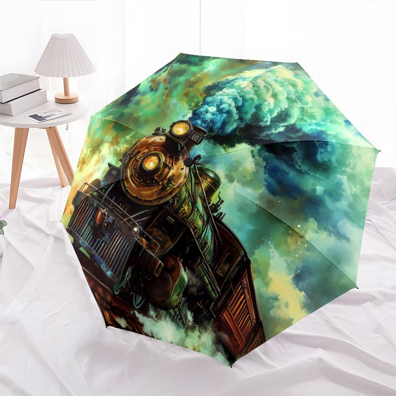 Steampunk  pattern, automatic folding umbrella, portable and foldable design, 8 ribs, a Christmas or birthday gift.