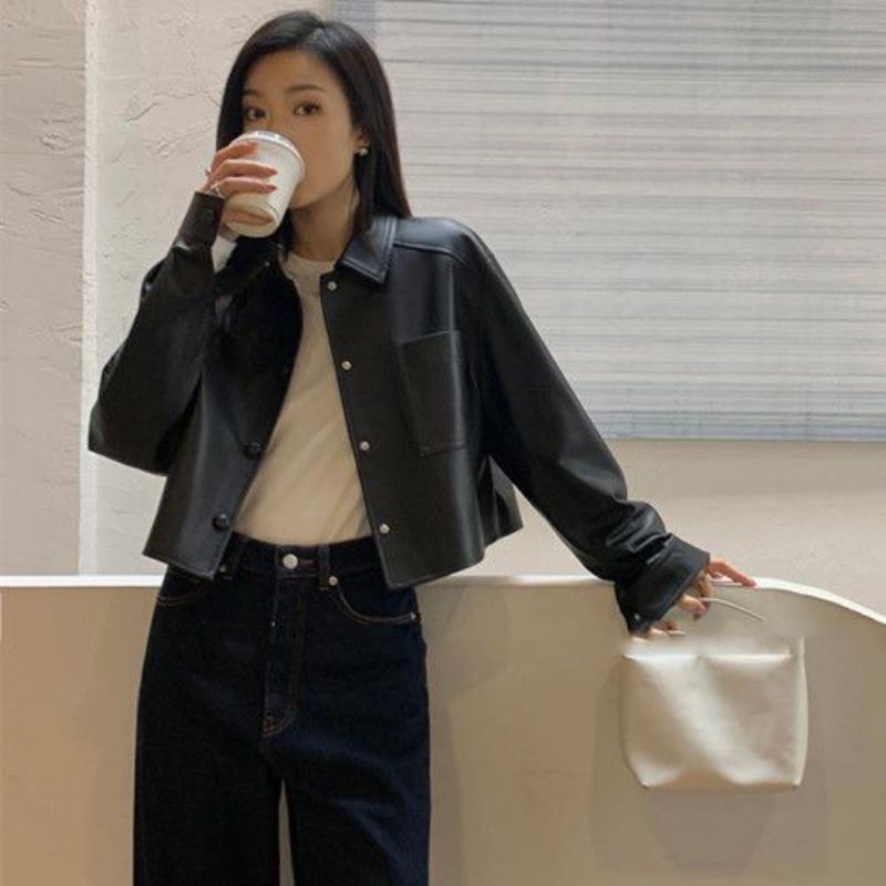 

Трендовая маленькая кожаная куртка короткая куртка весна осень и зима популярная куртка-локомотив женская кожаная куртка короткая модная 2XL 130-70 kg чёрный